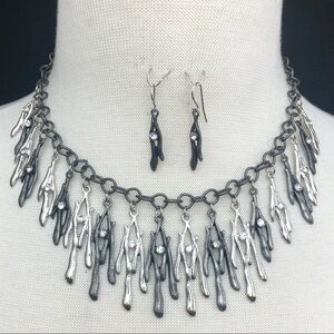 Abstract Gun Metal & Silver Statement Necklace Earrings Set